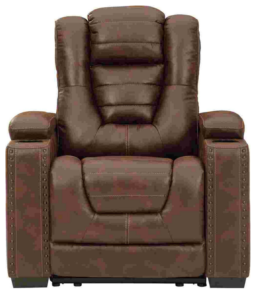 Power Recliner With Faux Leather and Adjustable Storage Headrest  Brown   Contemporary   Recliner Chairs   by VirVentures  Houzz