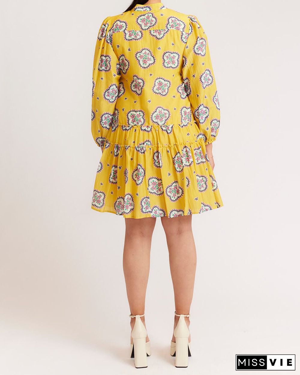 Cropped Sleeve Printed Loose Pleated Dress