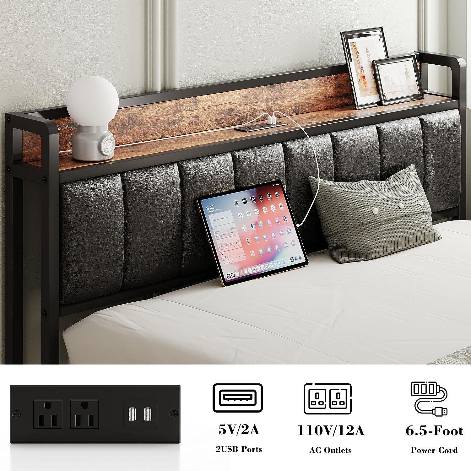 Platform Bed Frame with Storage Headboard, Charging Station, Drawers