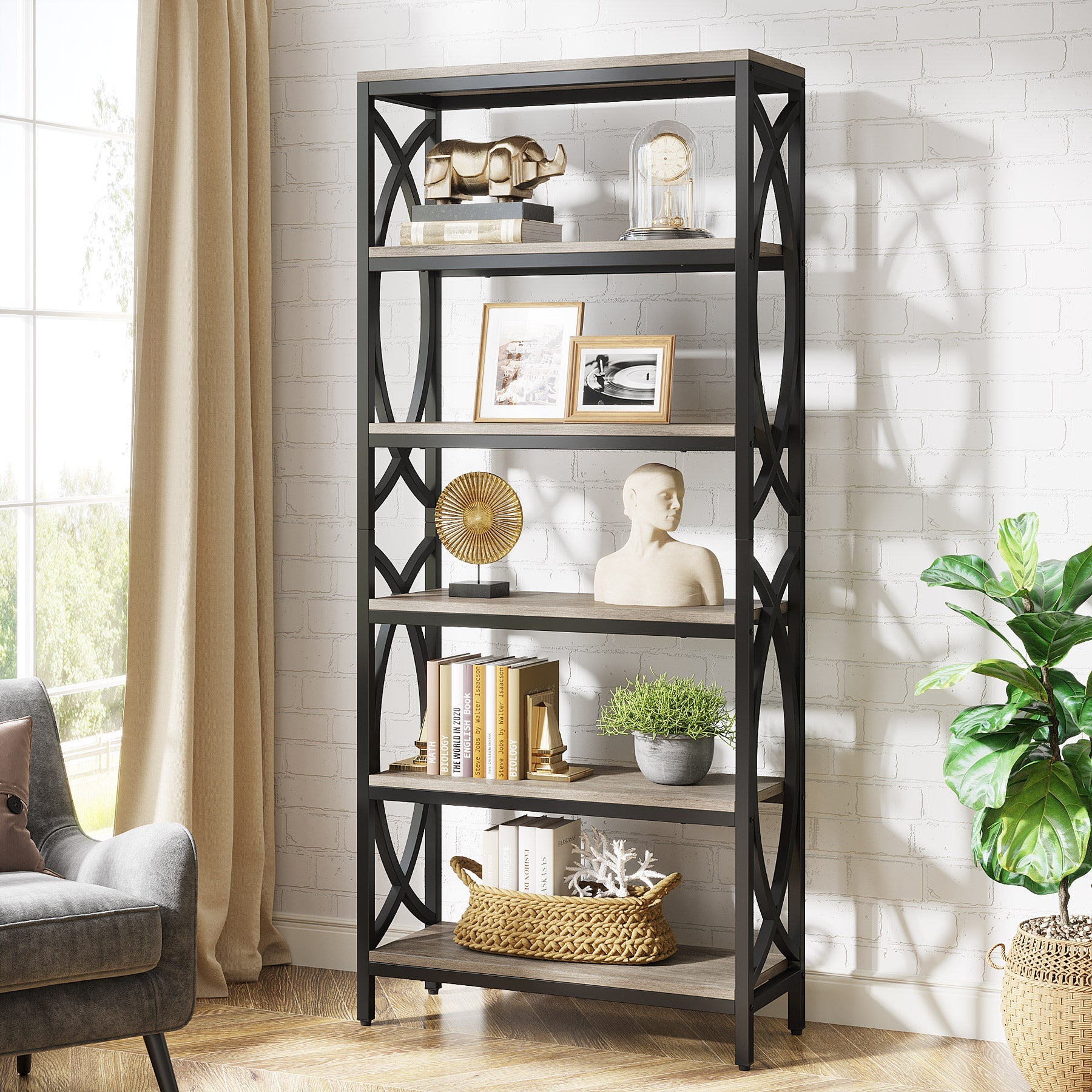 6-Tier Bookshelf, 70.8 Tall Bookcase Open Storage Shelf with Metal Frame