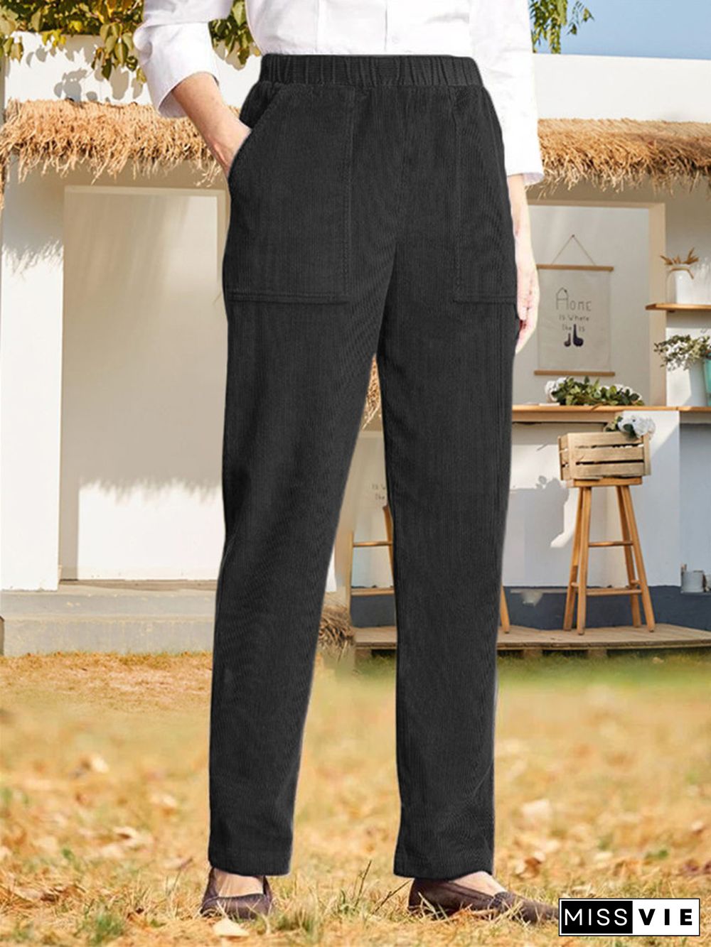 Women's Solid Color Elastic Waist Casual Corduroy Straight Leg Pants-Buy 3 Get Free Shipping