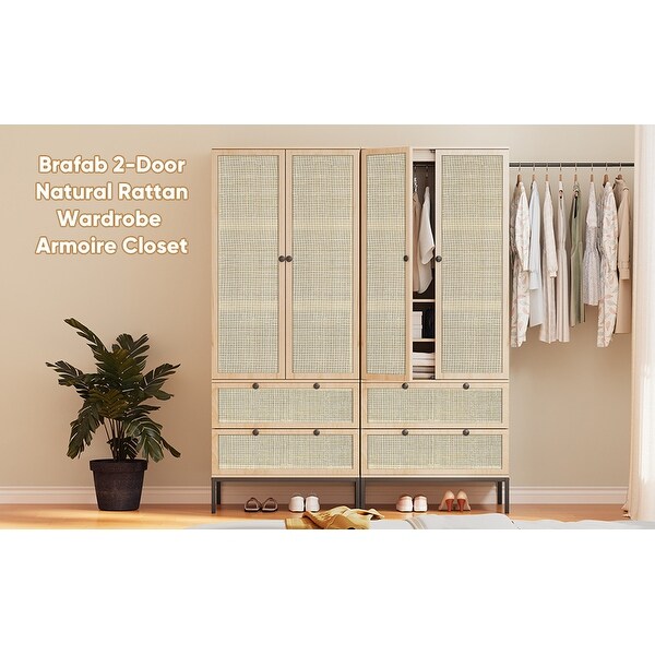 2-Door Natural Rattan Wardrobe Armoire Closet with Adjustable Hanging Rod and Two Drawers - - 37594163