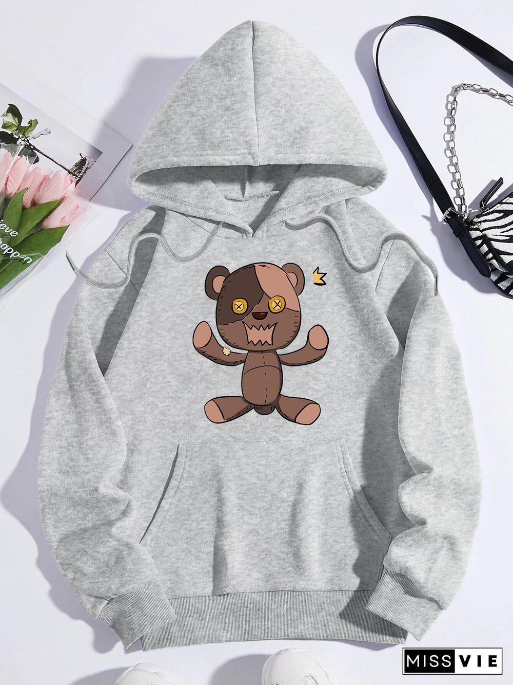 Printed on front Kangaroo Pocket Hoodie Long Sleeve for Women Pattern Angry bear