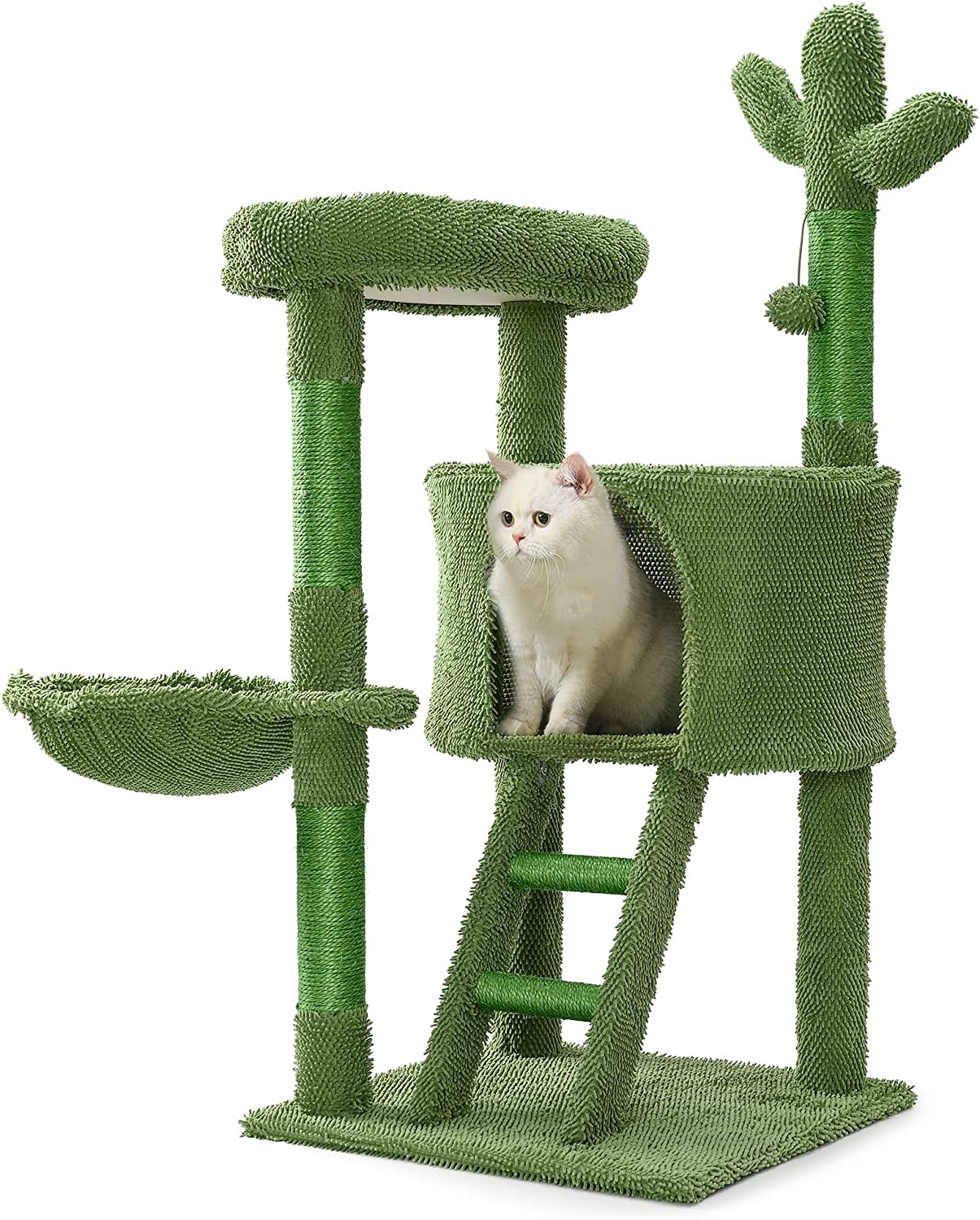 | Cat Tree Tower 43” for Indoor Cats | Cat Condo with Hammock and Cactus Scratching Posts Tree for Kittens | Tall Cat Climbing Stand with Cute Hanging Ball & Toys for Play House