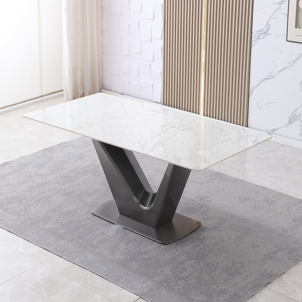 71inch Contemporary Dining Table Sintered Stone V shape Pedestal Base in Gold finish with 6 pcs Chairs .