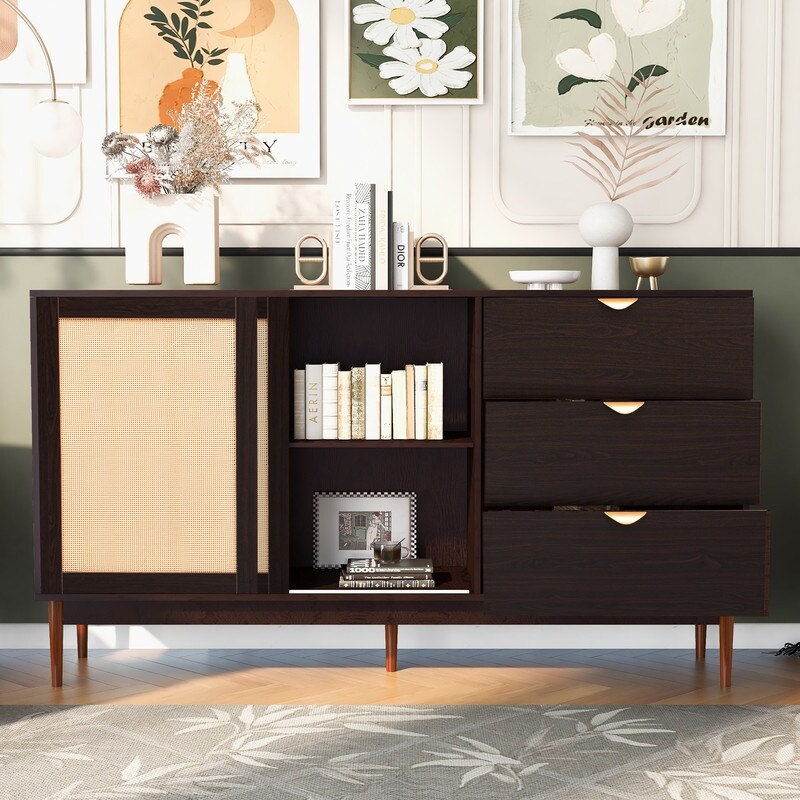 Modern Rattan Storage Sideboard Cabinet with Three Drawers