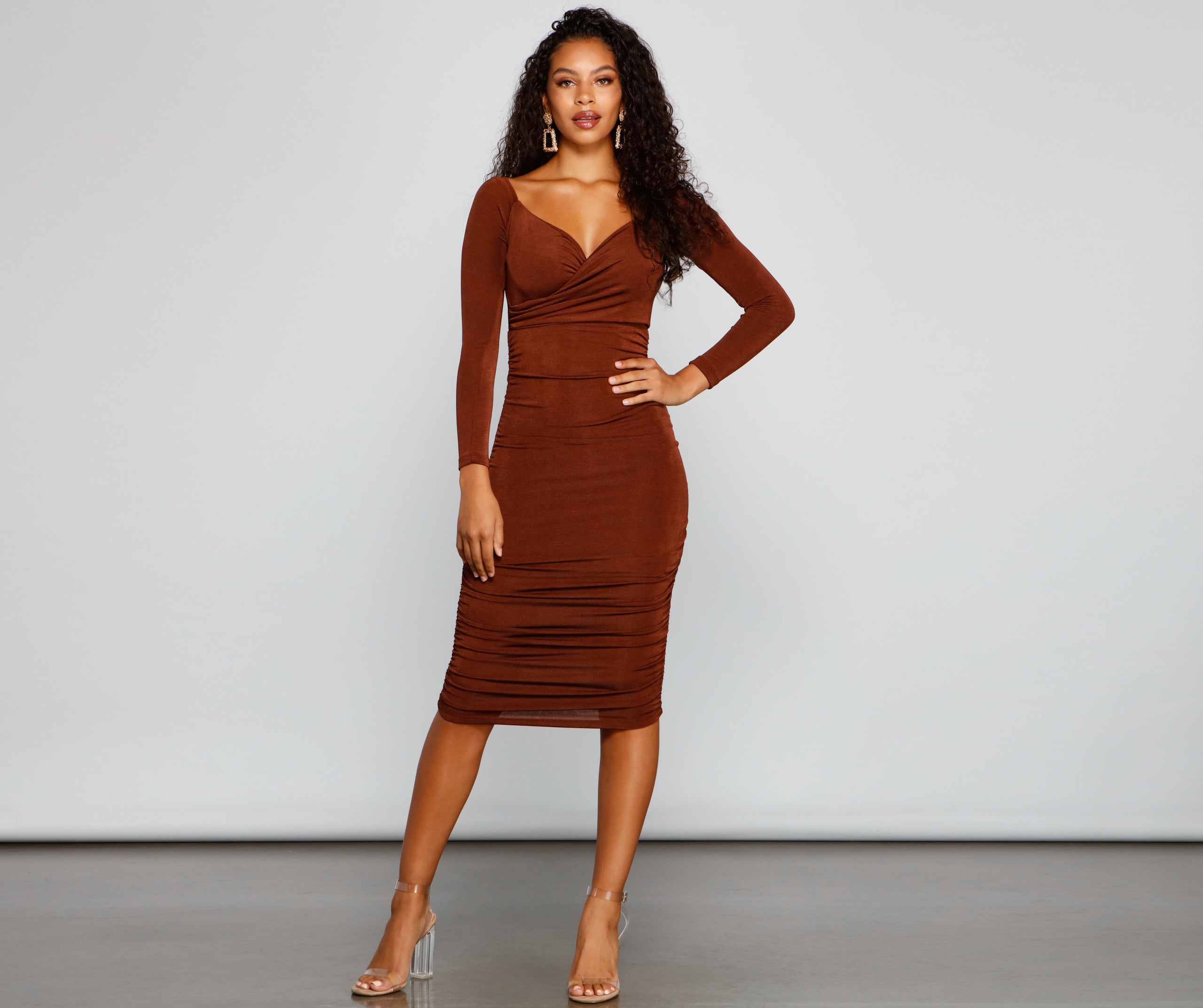 Melissa Long Sleeve Ruched Midi Dress