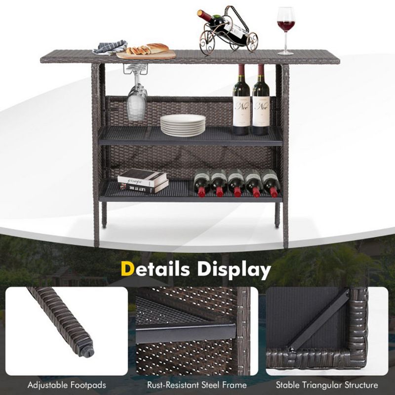 Hivago Outdoor Wicker Bar Table with 2 Metal Mesh Shelves