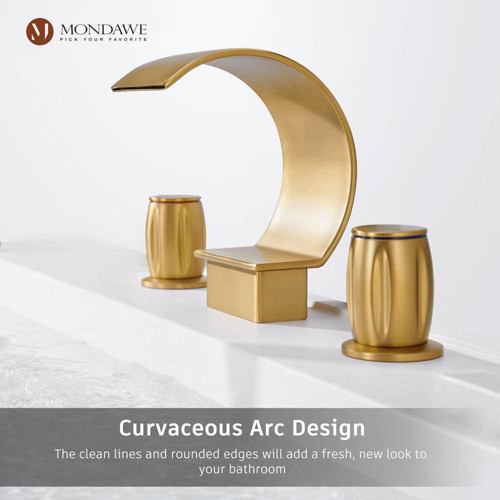 Mondawe Luxury C Arc Waterfall Spout 2Handle 8 in Widespread Bathroom Sink Faucet With Popup Drain in Brushed Gold