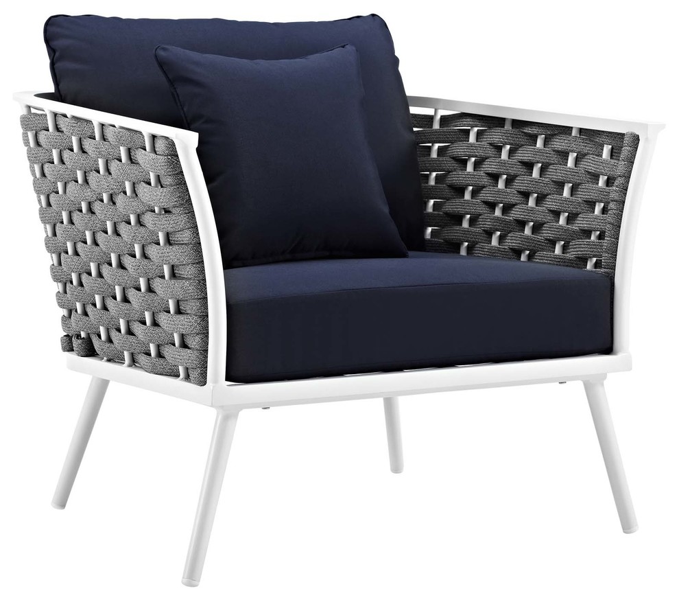 Stance Outdoor Patio Aluminum Armchair  White Navy   Midcentury   Outdoor Chaise Lounges   by Kolibri Decor  Houzz