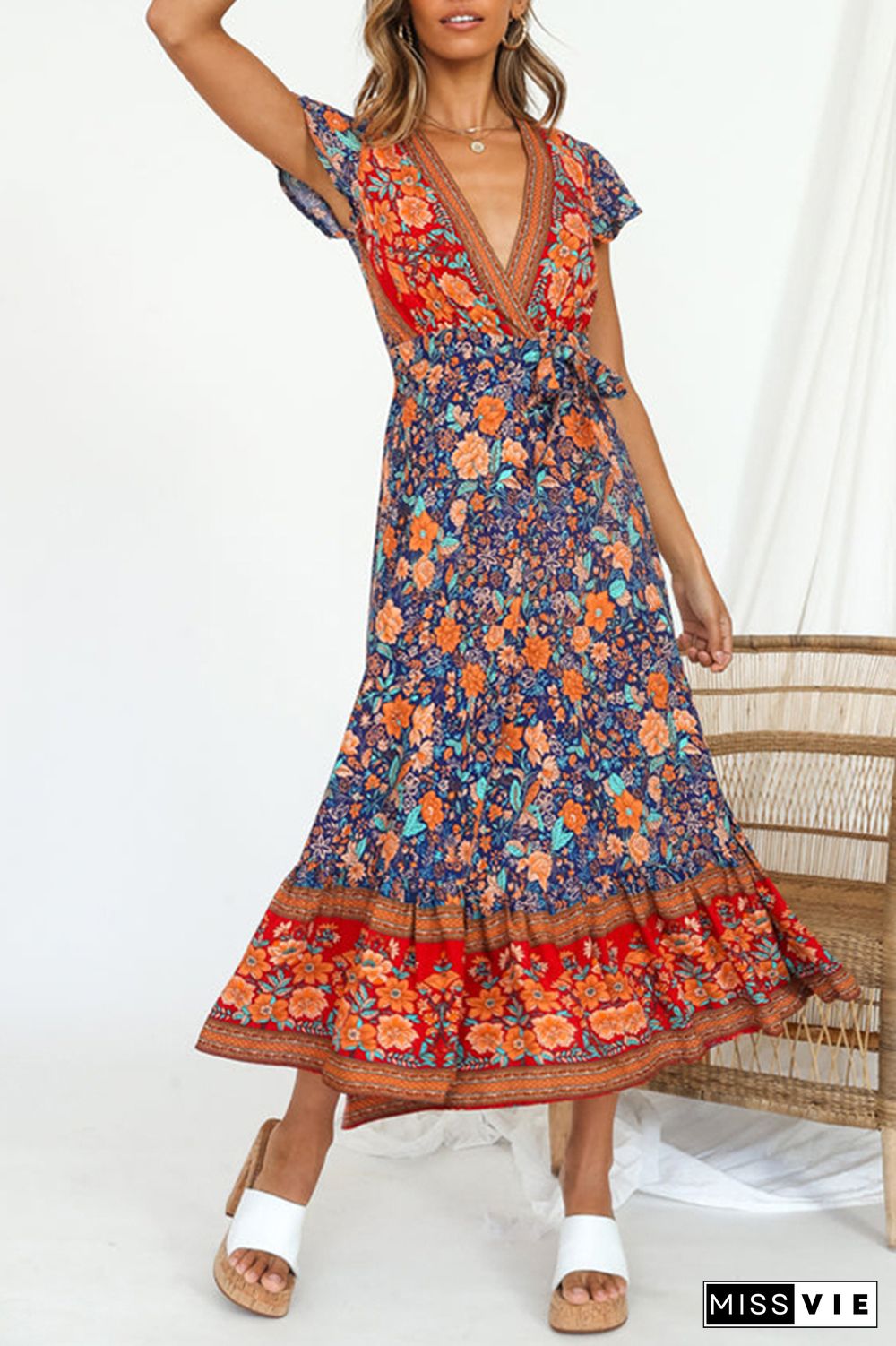 Fashion Print Split Joint V Neck Waist Skirt Dresses