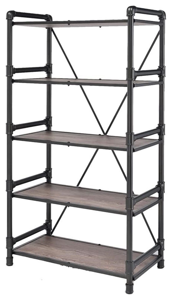 Industrial Bookcase  Pipes Style Frame With 5 Open Shelves  Rustic Oak  ampBlack   Industrial   Bookcases   by Declusia  Houzz