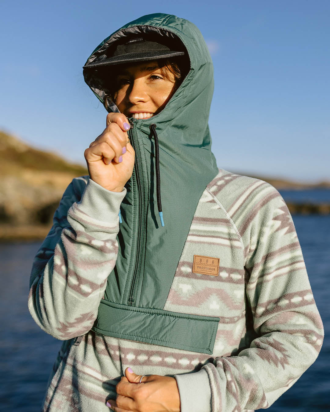 Alexander Recycled Polar Hooded Fleece - Pistachio Pattern/Deep Ocean