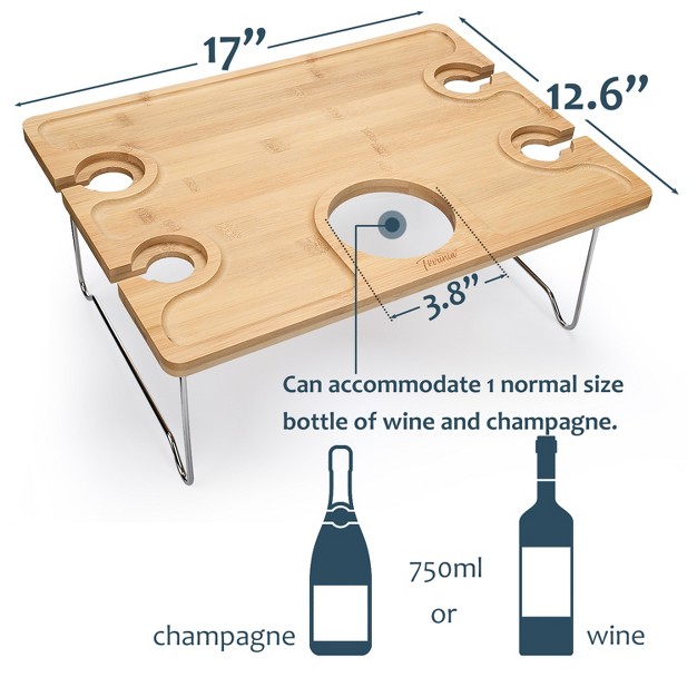 Tirrinia Bamboo Wine Picnic Table Large Folding Portable Outdoor Snack amp Cheese Tray With 4 Wine Glasses Holder For Concerts At Park Or Party Beach