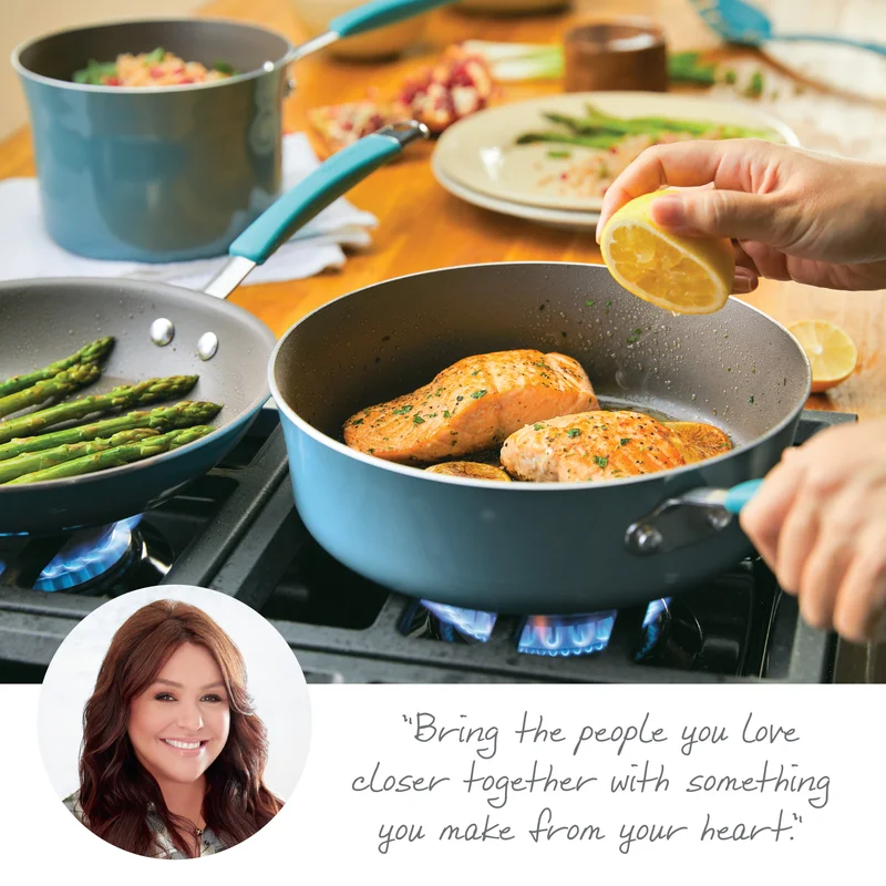 Rachael Ray Cucina Nonstick Cookware and Prep Bowl Set， 12-Piece - Agave Blue