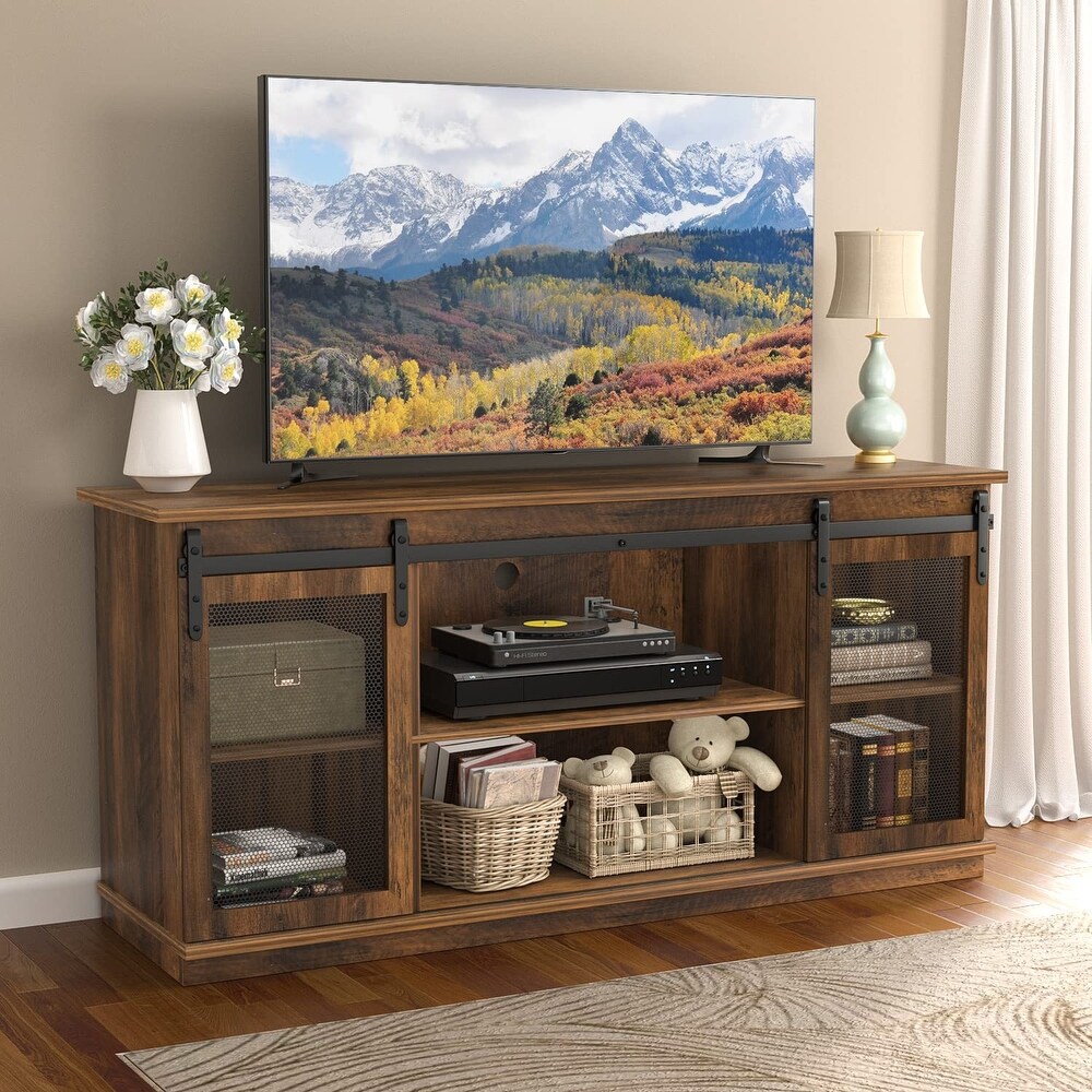 TV Stand up to 65 Inches  Modern Entertainment Center with Sliding Barn Doors and Storage Cabinets  Metal Media TV Table