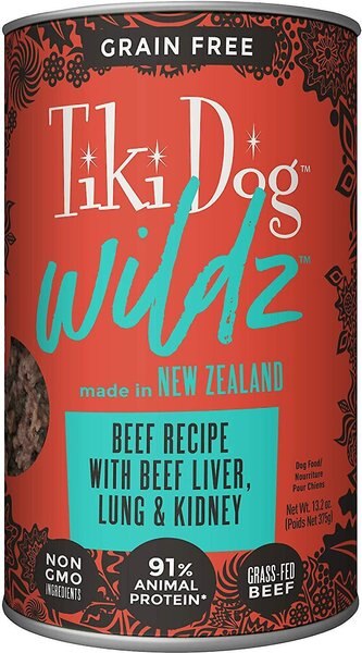 Tiki Dog Wildz Beef Recipe with Beef Liver， Lung and Kidney Grain-Free Wet Dog Food， 13.2-oz can， case of 12