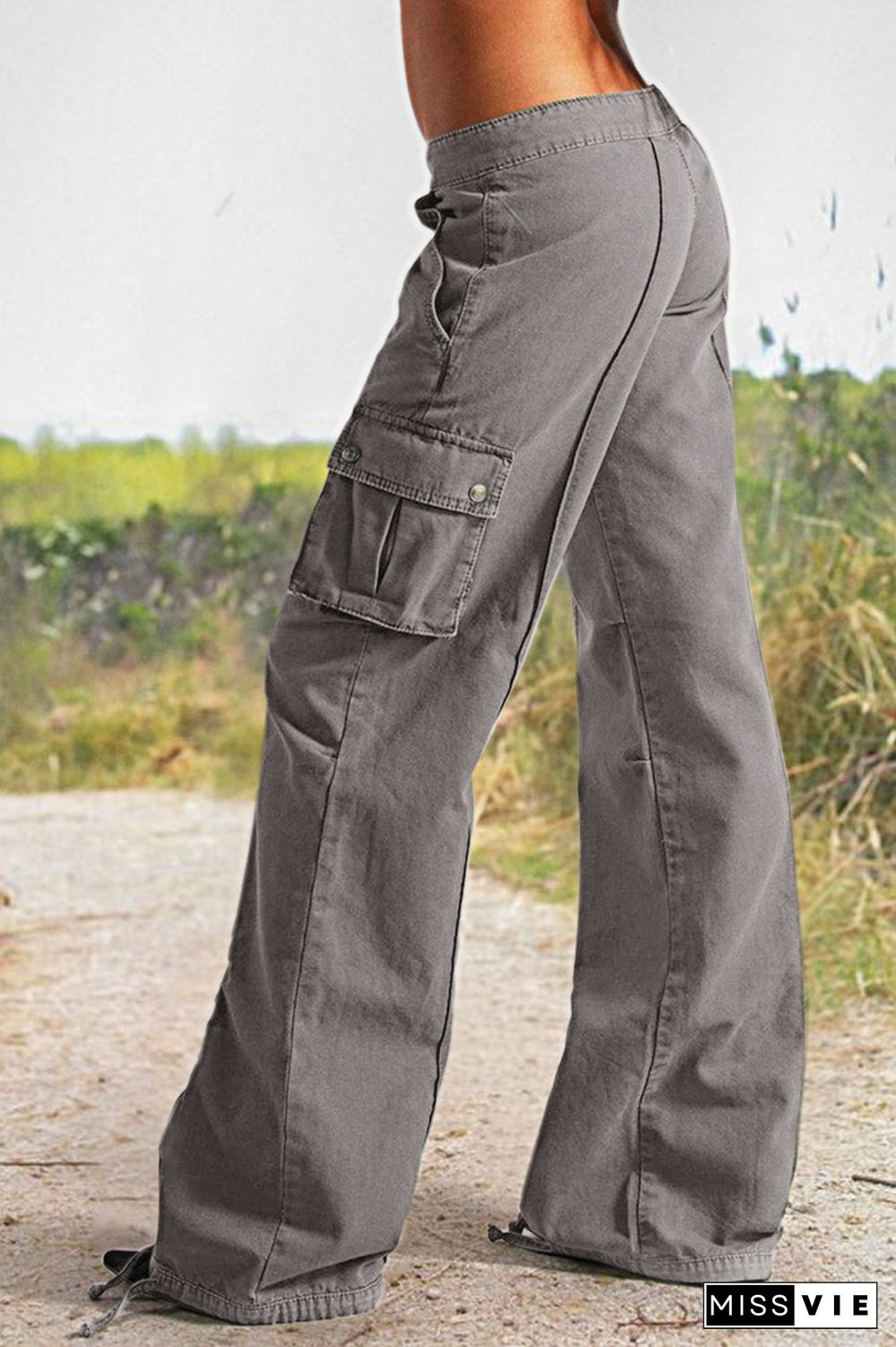 Flap Pocket Drawstring Low Rise Wide Leg Cargo Pants