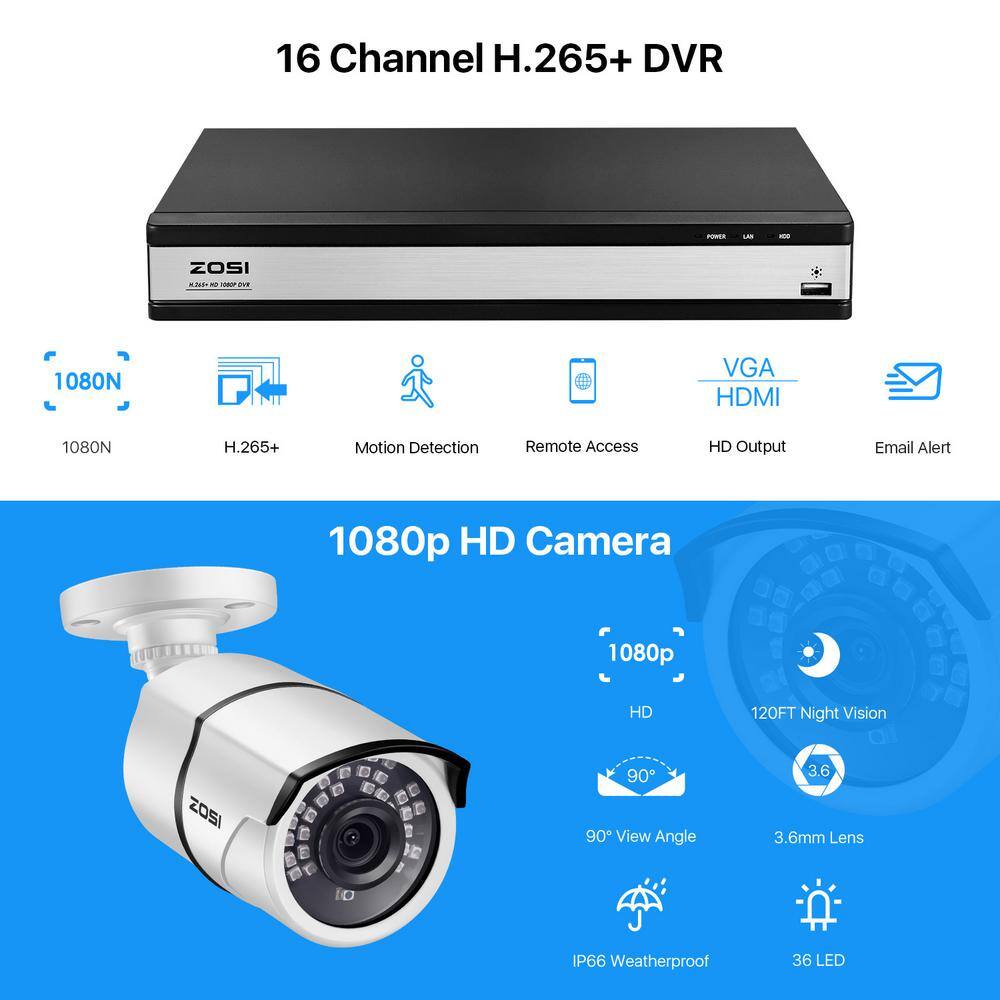 ZOSI 16-Channel 1080p 2TB Hard Drive DVR Security Camera System with 16 Wired Bullet Cameras 16CK-261W16S-20A