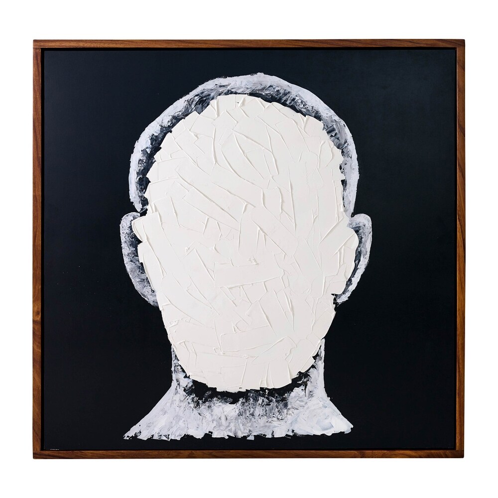 Blank Face Man Hand Painted Contemporary Art  White and Black  Parota Wood Frame  47 W x 3 D x 47 H