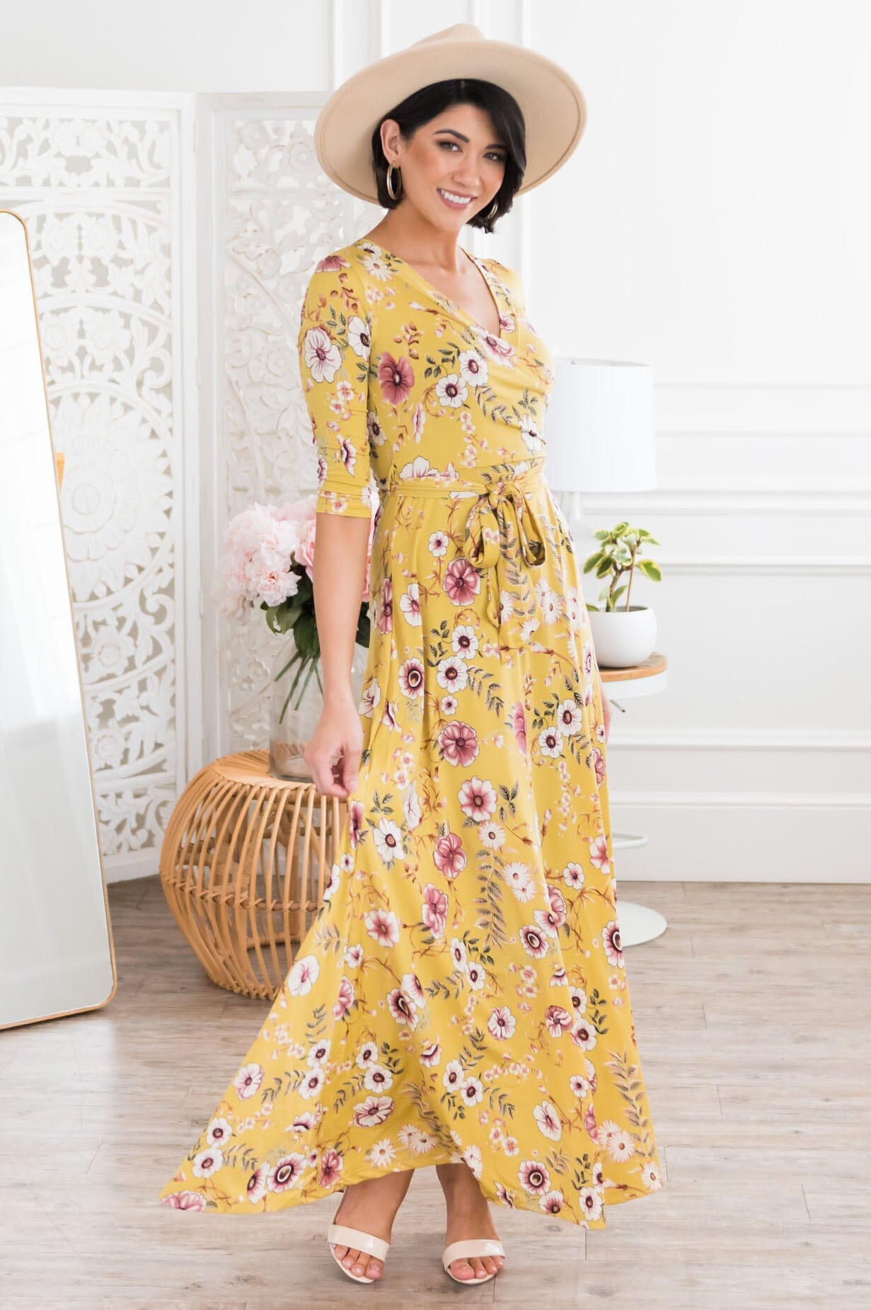 Crystal honey mustard floral plain dress