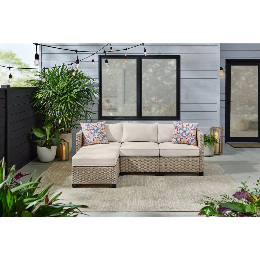 StyleWell Sandpiper Beige Stationary 4-Piece Wicker Patio Sectional Seating Set with Almond Tan Cushions DE22869707172