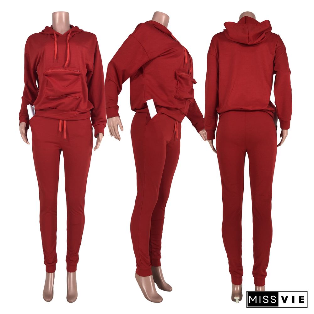 Winter Solid Color Pocket Drawstring Hoodie Pants Outfit