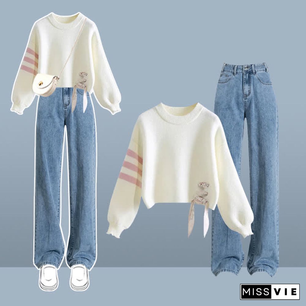 Lace Up Stripe Sleeve Sweater Letter Embroidery Casual Denim Pants