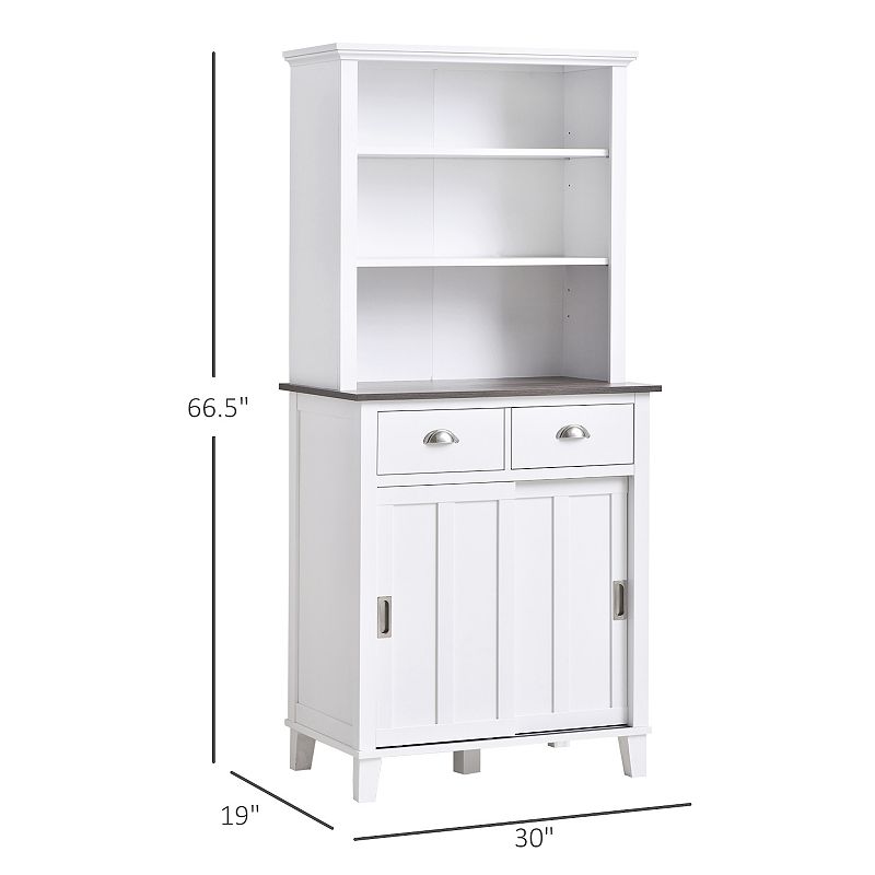 HOMCOM 67 Freestanding Buffet with Hutch Kitchen Cupboard Storage Cabinet with Sliding Doors Drawers and Open Shelves Adjustable Shelving White