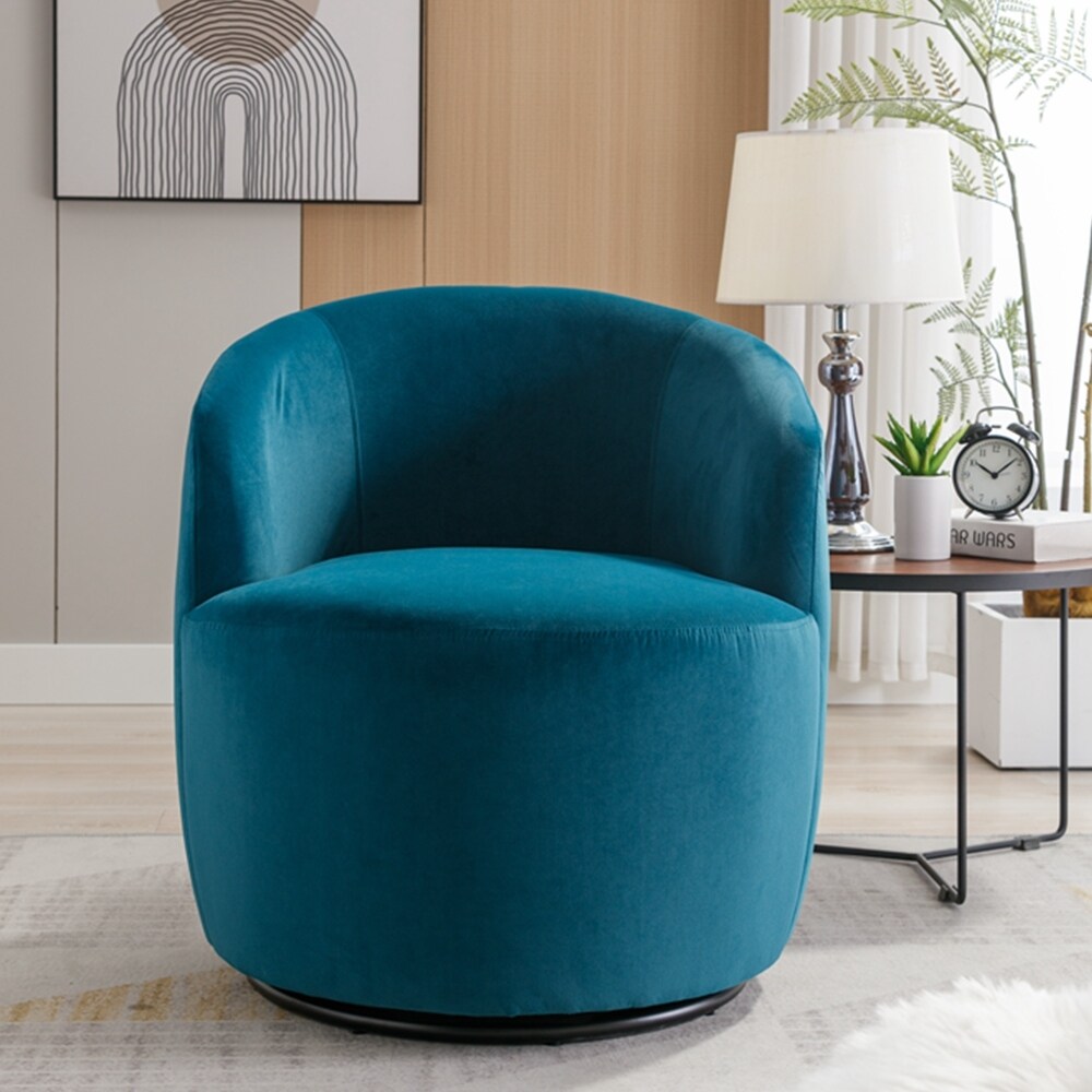 Velvet Fabric Swivel Accent Armchair Barrel Chair With Black Powder Coating Metal Ring