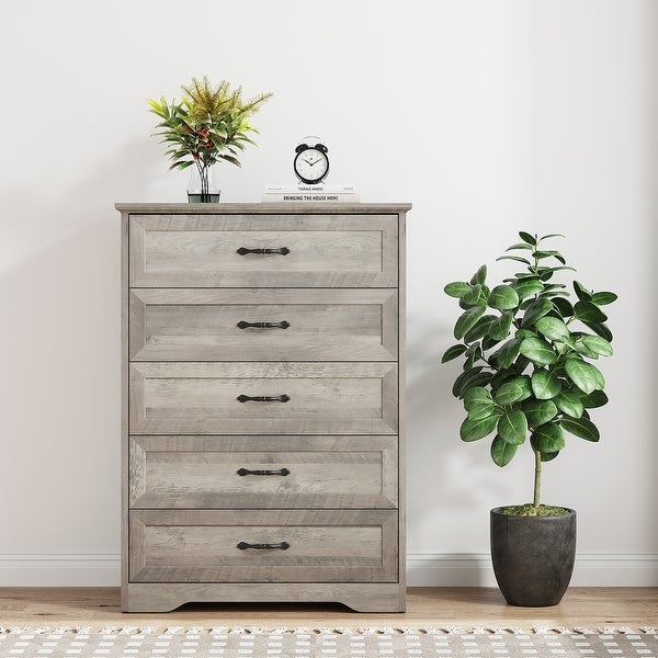 Dresser for Bedroom with 5 Drawers， Tall Wood Drawer Dresser Chest of Drawers for Closet