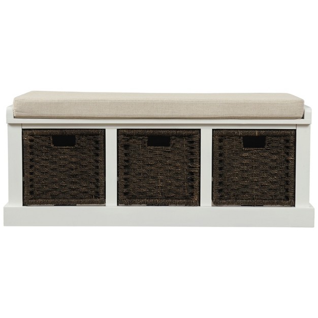 Rustic Storage Bench With Removable Cushion And 3 Removable Classic Rattan Basket modernluxe