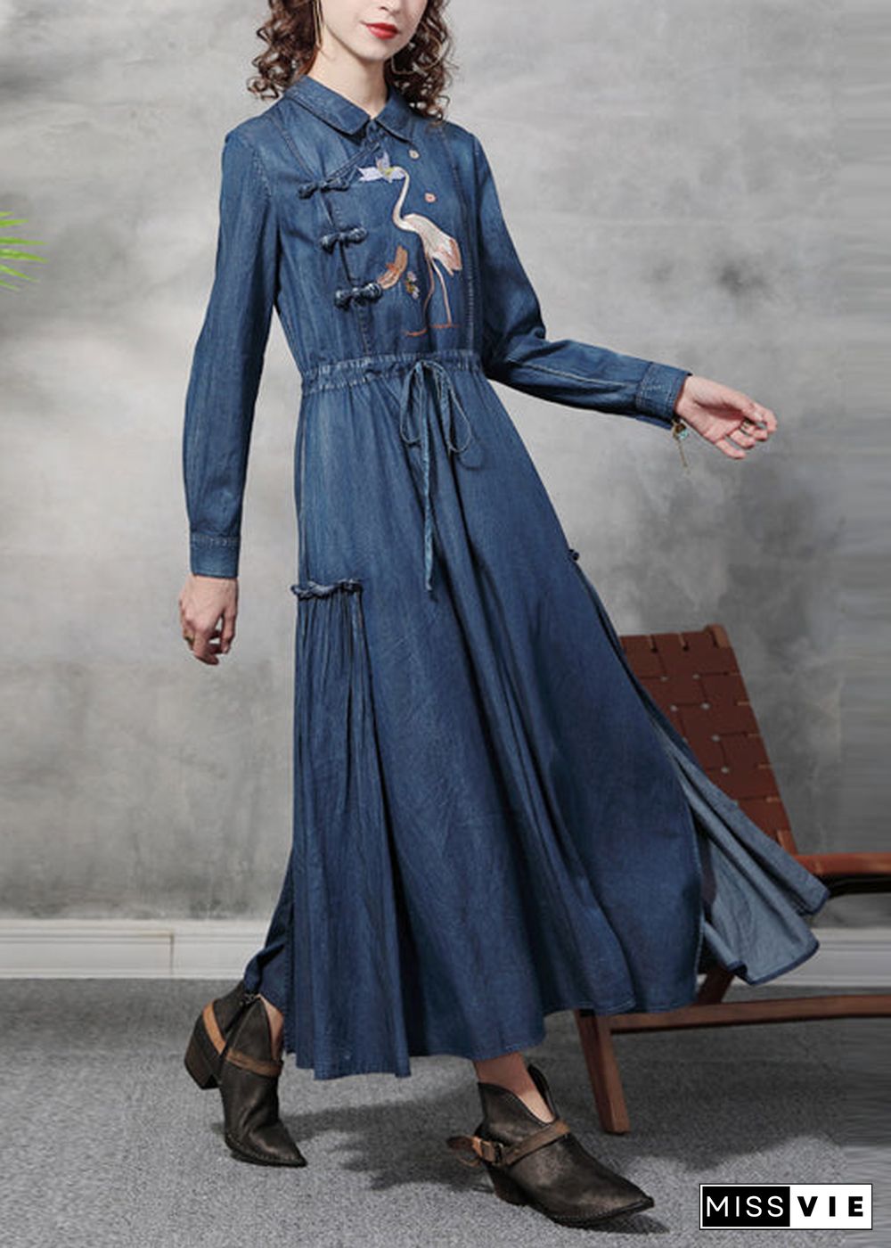 Plus Size Blue drawstring wrinkled Peter Pan Collar Embroideried Patchwork Cotton Maxi Dresses Long Sleeve