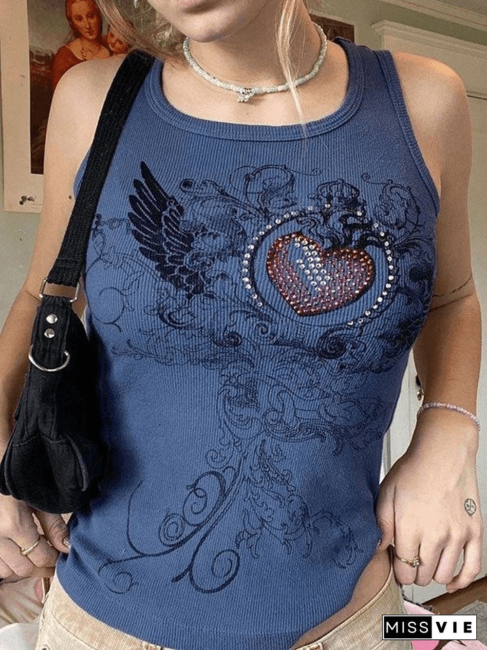 Heart Rhinestone Rib Crop Tank Top