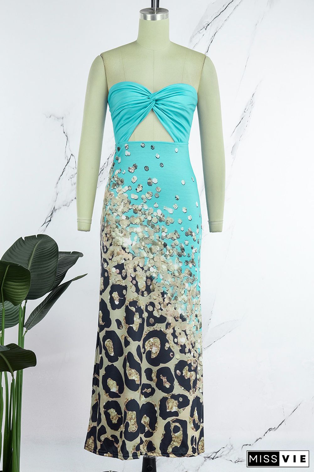 Lake Green Sexy Casual Print Hollowed Out Backless Strapless Long Dress Dresses