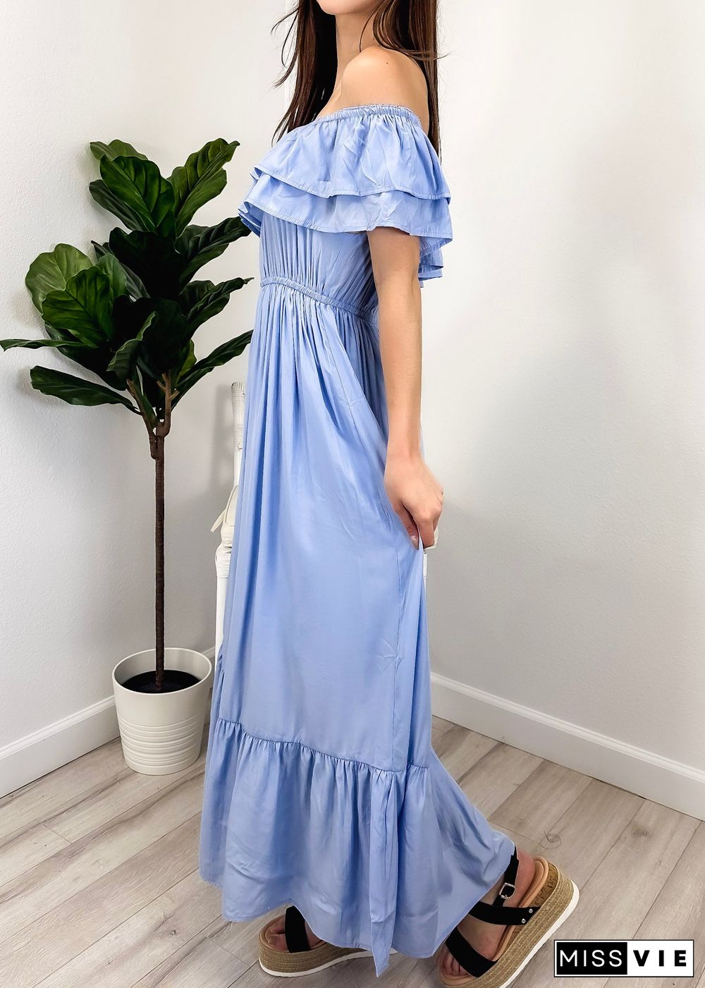 Grecian Ruffle Stretch Maxi Long Dress