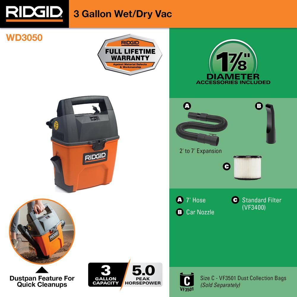 RIDGID 3 Gallon 3.5 Peak HP Portable WetDry Shop Vacuum with Built in Dust Pan Filter Expandable Locking Hose and Car Nozzle WD3050