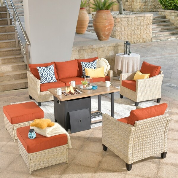 XIZZI 6Piece Outdoor Patio Wicker Furniture with Fire Pit Table