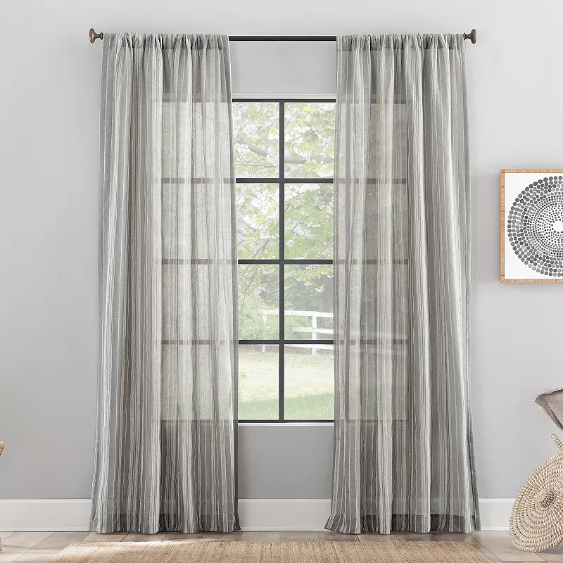 Archaeo Embroidered Stripe Linen Blend Semi-Sheer Rod Pocket Window Curtain