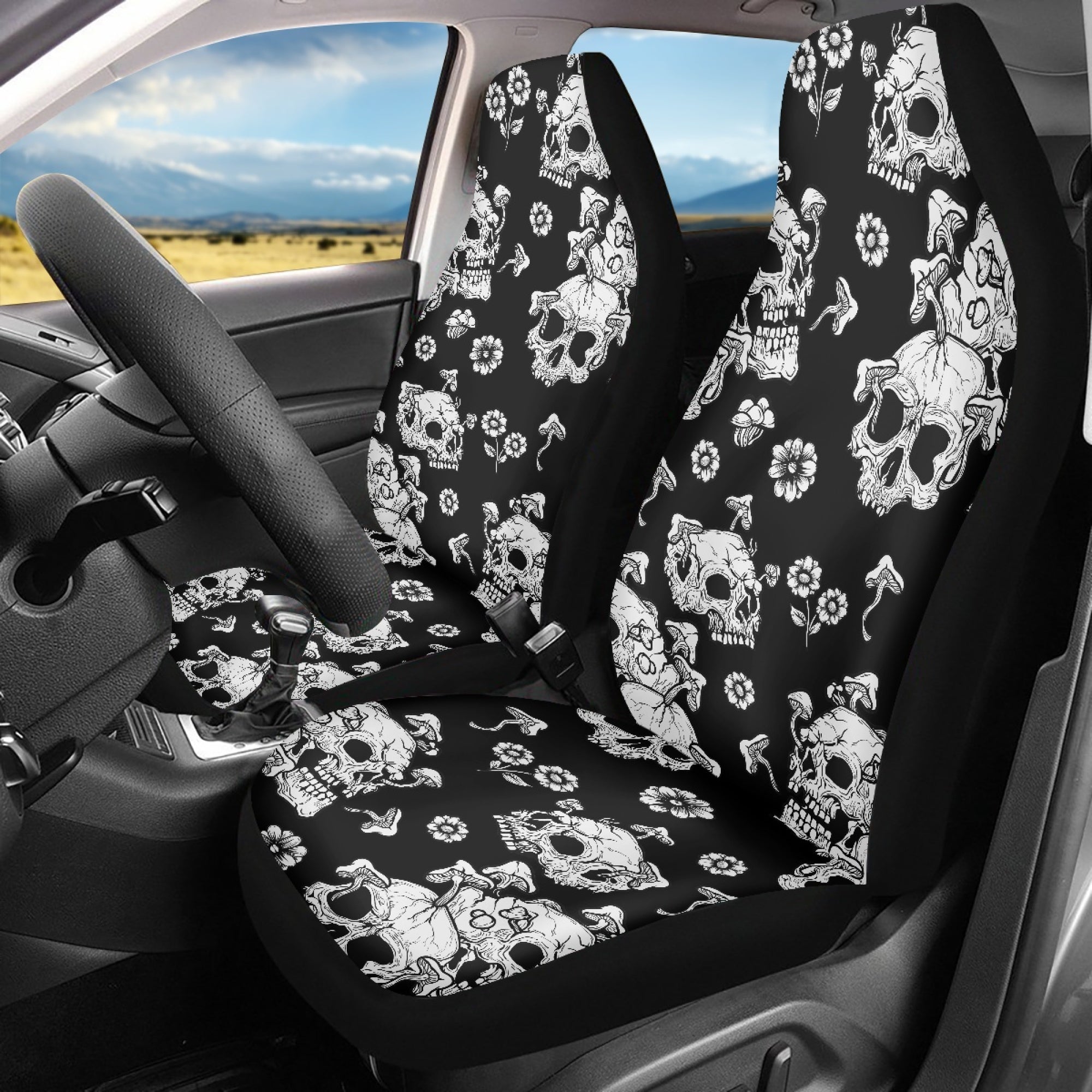 Bivenant Store Skull Pattern Car Seat Cover Set，Black Car Seat Protector，Interior Car Accessories，Front Seat Covers，Washable， Fabric，Spill Protectant，Stain Protectant， Easy Installation