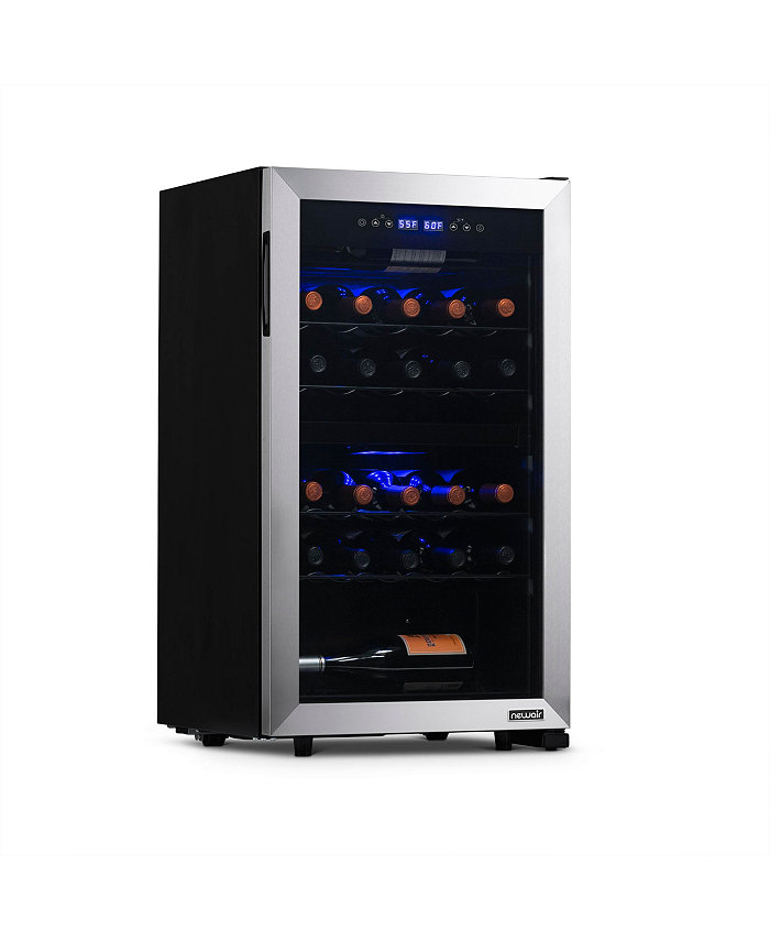 Newair Freestanding 28 Bottle Dual Zone Compressor Wine Fridge in Stainless Steel Adjustable Racks and Exterior Digital Thermostat