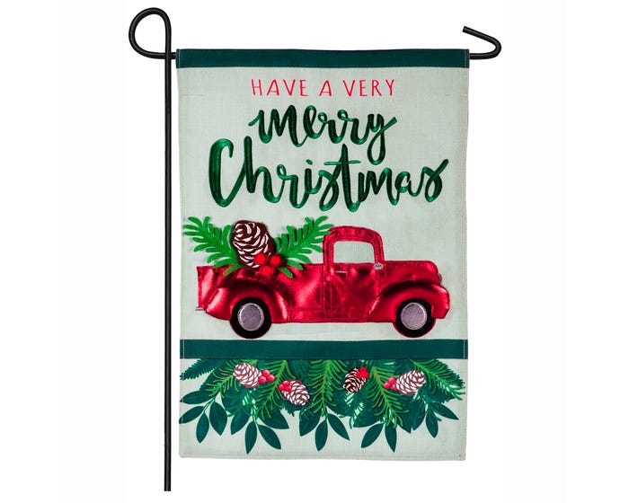 Evergreen Holiday Red Truck Garden Linen Flag - 14L8743BL