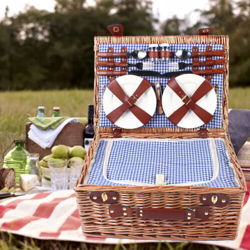 4 Person Insulated Picnic Basket Set Wicker Basket Camping Outdoor 19pcs