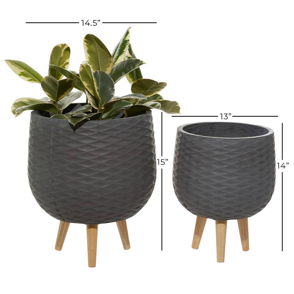 Litton Lane 14 in. and 15 in.Modern Grey Fiber Clay and Wood Planter (Set of 2) 46503