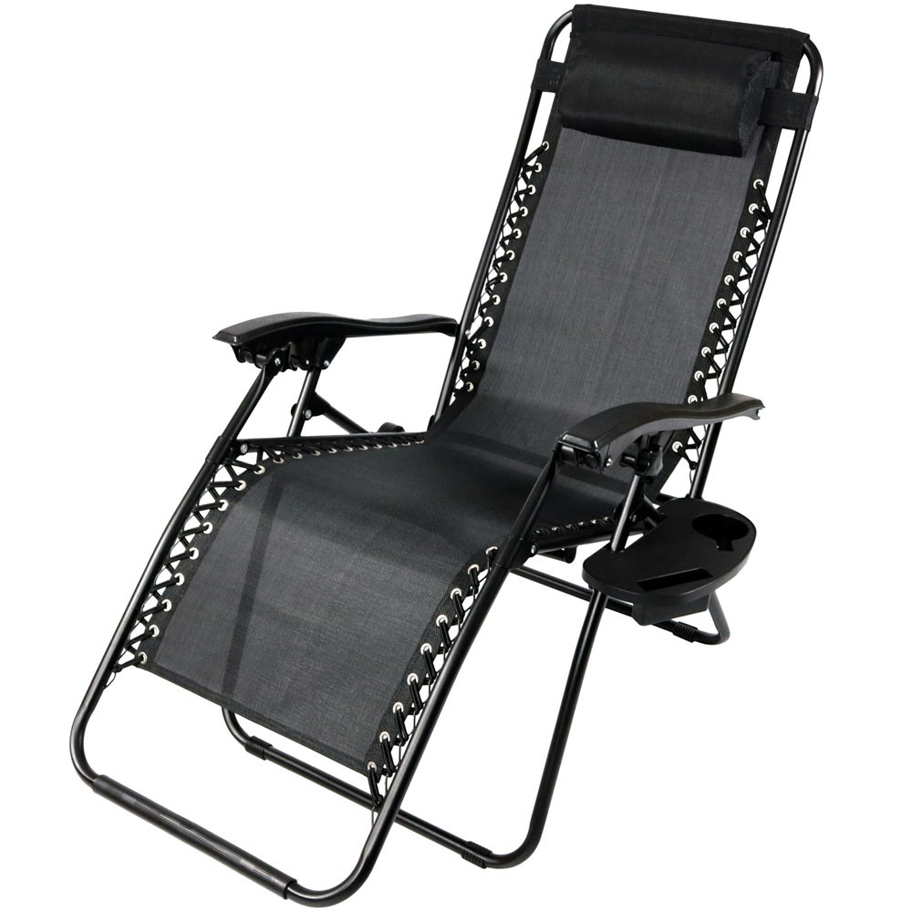 Sunnydaze Fade-Resistant Folding Outdoor Zero Gravity Lounge Chair with Pillow and Cup Holder - Black