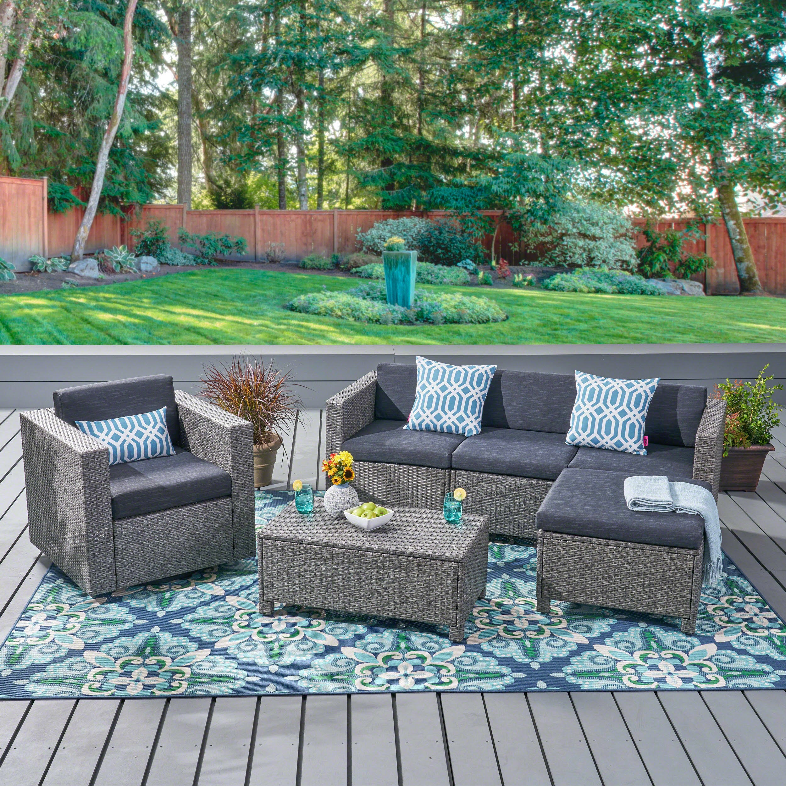 Buzz Outdoor 4 Seater Wicker L-Shaped Sectional Sofa Set with Cushions, Mixed Black with Dark Grey Cushions