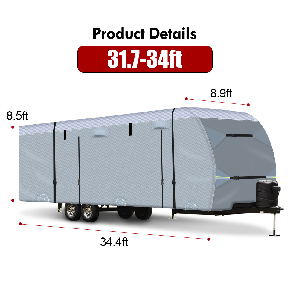 YEOPGYEON Travel Trailer RV Cover 600D Oxford Cloth，31.7'-34' Waterproof 6 Layers with 4 Tire Covers，Tongue Jack Cover，Waterproof Anti-Uv Prevent Top Tearing Caused by Sun Exposure