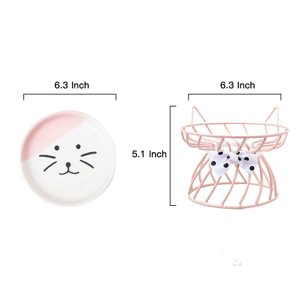 Feelers Cat Bowls, Raised Ceramic Cat Dish with Metal Stand, Elevated Cat Food Bowl for Indoor Kitten, Cat, and Small Dog, Dishwasher Safe, Pink