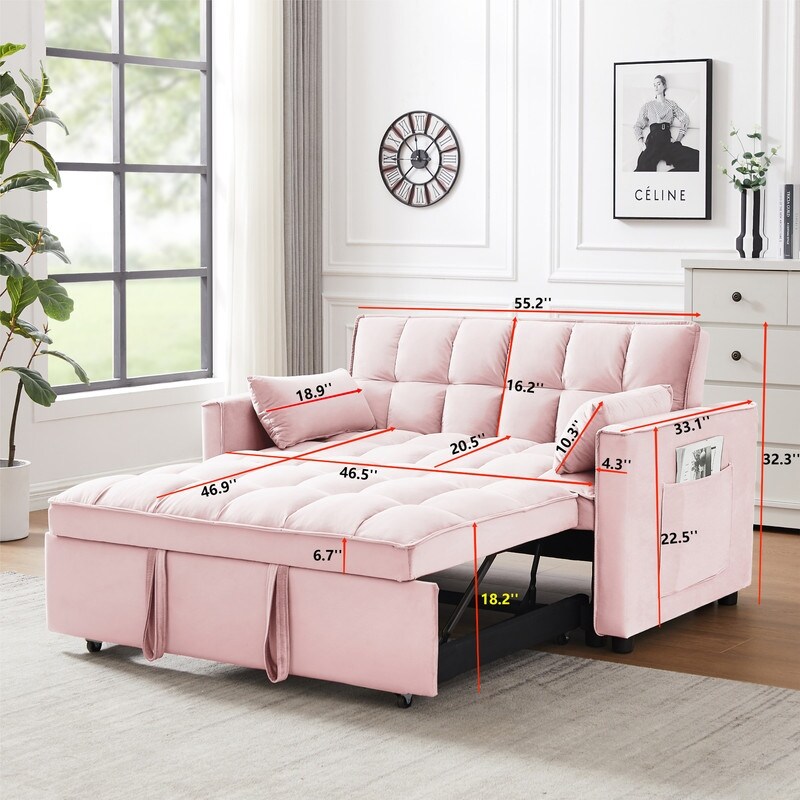 3 in 1 Convertible Sleeper Sofa with Pullout Bed  Pink