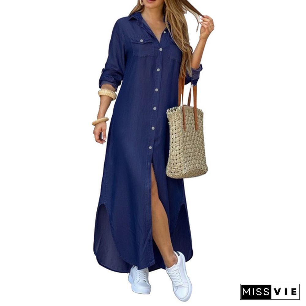 Damen Lässig Kleid Shirtkleid Denim Jeanskleid Plus Knopf Longshirt Dress Long Maxi Dress